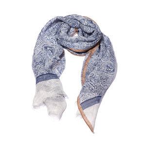 Blue Printed Soft Linen Scarf with Pattern