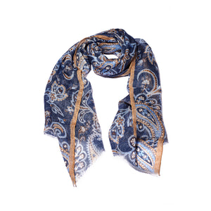 Blue Paisley Printed Soft Linen Scarf