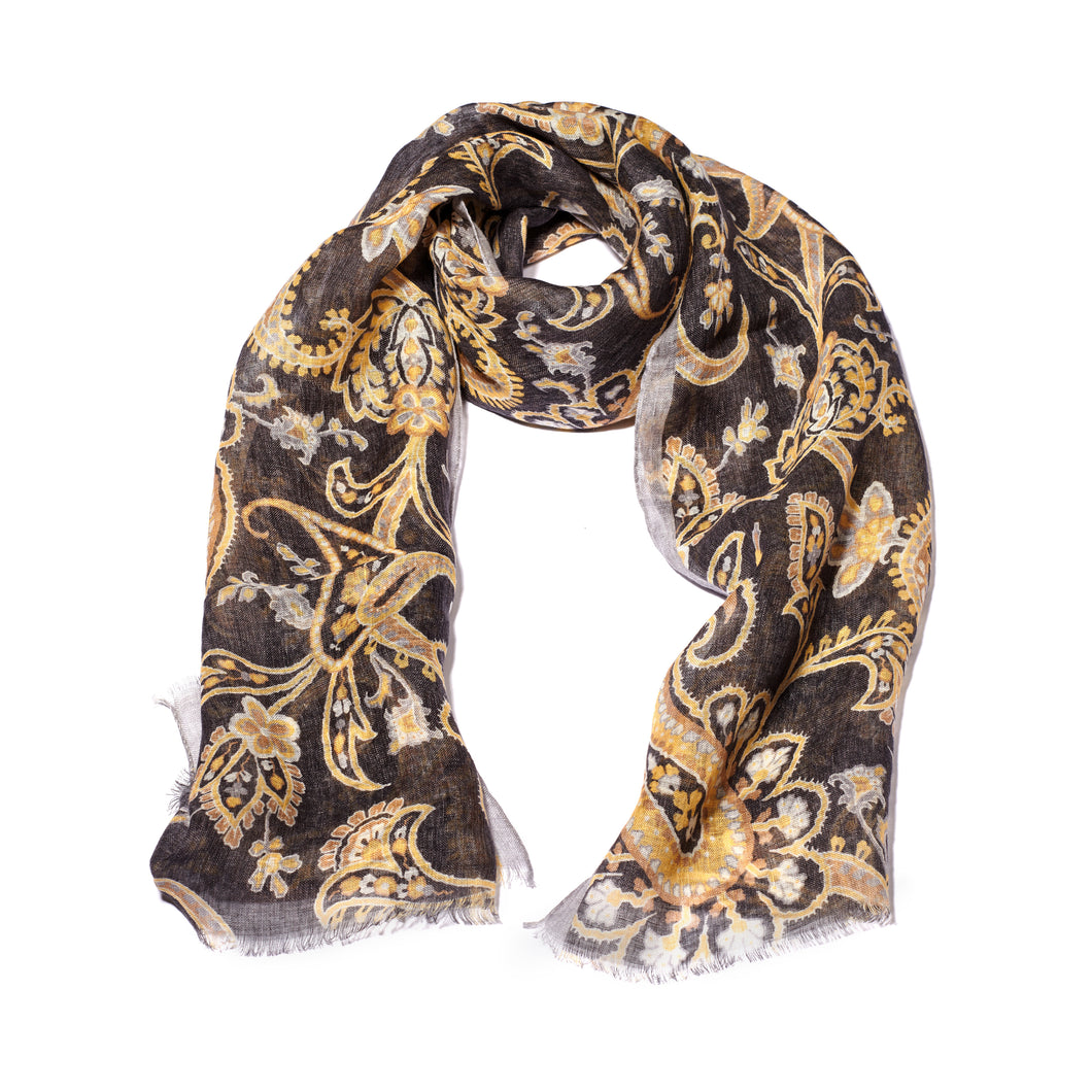 Grey and Yellow Printed Soft Linen Scarf