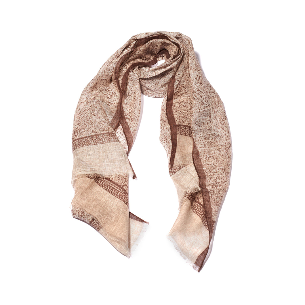 Brown Linen Scarf with Pattern